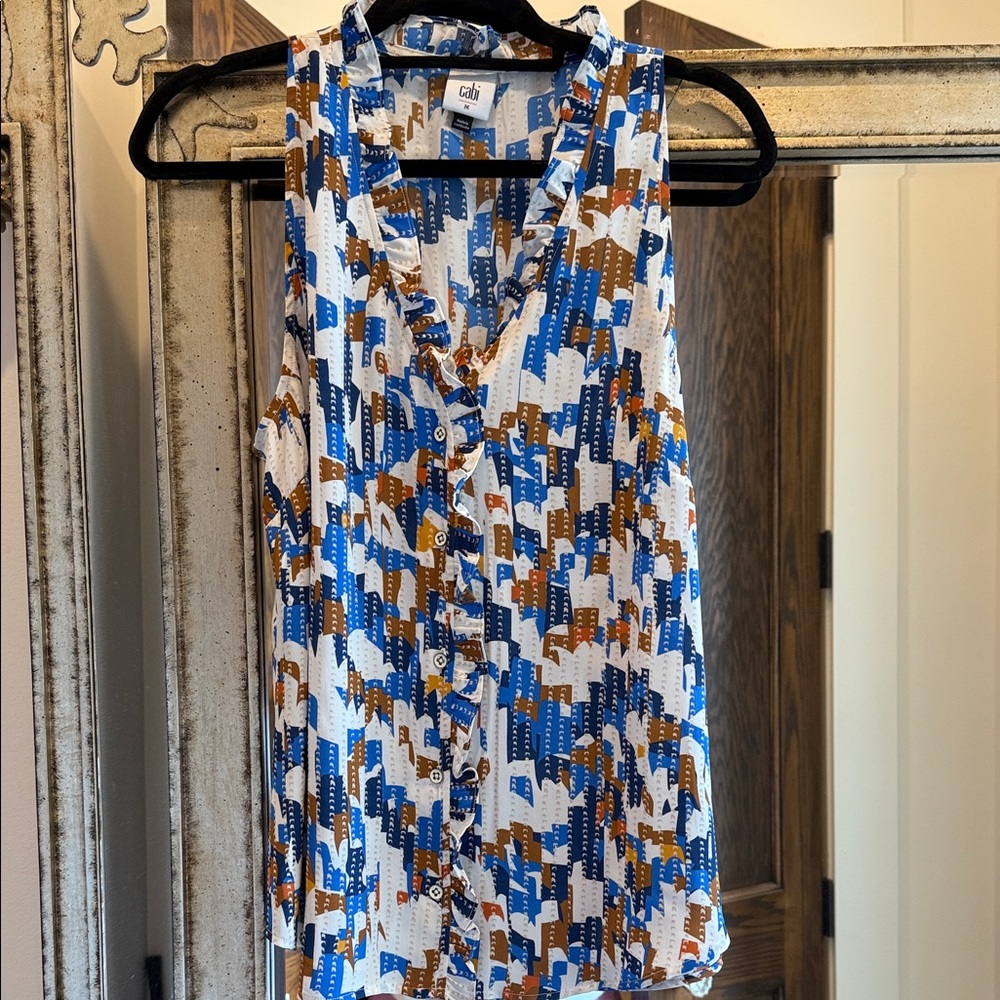 CAbi Women's Sleeveless Blouse - Blue and Brown Abstract